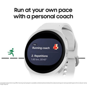 Samsung Galaxy Watch 8 Cellular LTE 44mm smartwatch in white with running coach feature displayed on circular screen showing 2 repetitions workout at 1.80 km duration