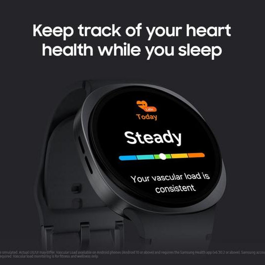 Samsung Galaxy Watch 8 Cellular LTE 44mm smartwatch in graphite black displaying heart health monitoring screen with steady vascular load reading and colorful health metrics bar
