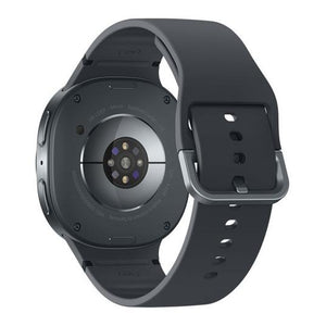 Samsung Galaxy Watch 8 Cellular LTE 44mm smartwatch in graphite black with round display, black sport band, and visible heart rate sensor on rear case