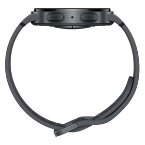 Samsung Galaxy Watch 8 Cellular LTE 44mm smartwatch in graphite gray with dark gray silicone band, displayed flat against white background showing front and side view
