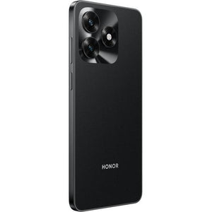 Honor X5c Plus smartphone in midnight black showing rear camera setup with dual lenses and LED flash, displayed at angle against white background
