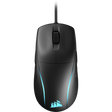 Corsair M75 lightweight RGB wired gaming mouse in black with cyan accent lighting on sides and logo, featuring ergonomic design and braided cable