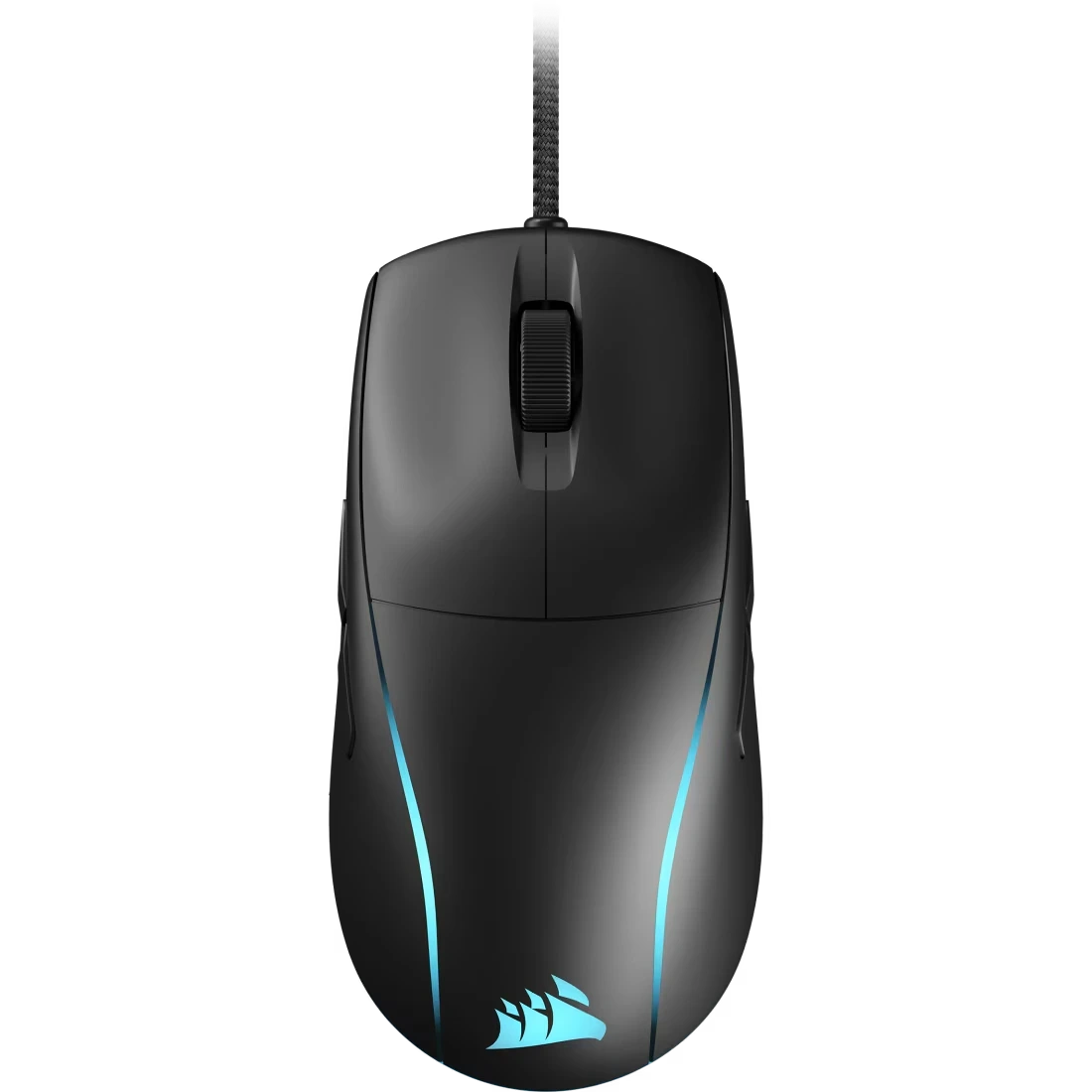 Corsair M75 lightweight RGB wired gaming mouse in black with cyan accent lighting on sides and logo, featuring ergonomic design and braided cable