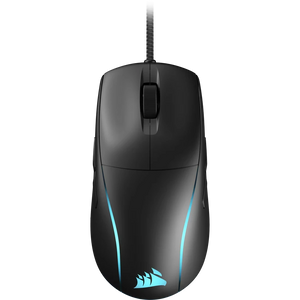 Corsair M75 lightweight RGB wired gaming mouse in black with cyan accent lighting on sides and logo, featuring ergonomic design and braided cable