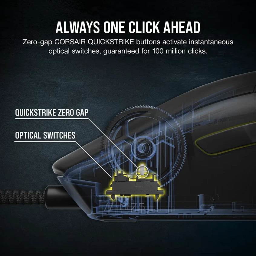 Corsair M75 gaming mouse with zero-gap QUICKSTRIKE optical switches highlighted in cross-section view showing internal mechanisms and yellow-highlighted button components against dark background
