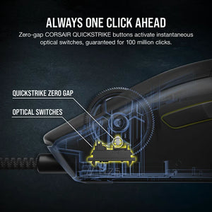 Corsair M75 gaming mouse with zero-gap QUICKSTRIKE optical switches highlighted in cross-section view showing internal mechanisms and yellow-highlighted button components against dark background