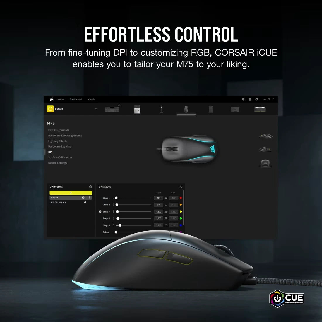 Corsair M75 lightweight RGB wired gaming mouse in black with cyan blue accent lighting, displayed alongside CORSAIR iCUE software interface showing DPI settings and customization options on a dark background