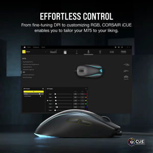 Corsair M75 lightweight RGB wired gaming mouse in black with cyan blue accent lighting, displayed alongside CORSAIR iCUE software interface showing DPI settings and customization options on a dark background
