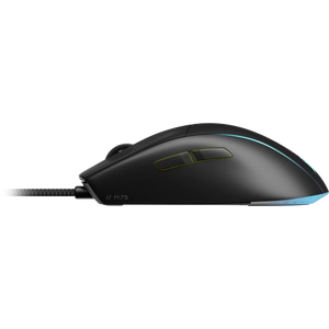 Corsair M75 black lightweight wired gaming mouse with cyan blue accent trim, yellow button outlines, and braided cable shown in side profile view