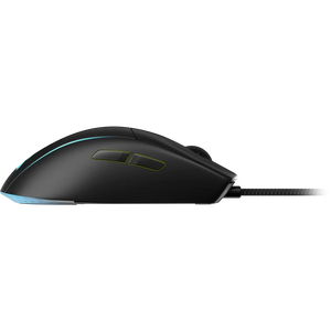 Corsair M75 Lightweight RGB Wired Gaming Mouse in black with blue accent lighting, shown from the side profile view with braided cable attached