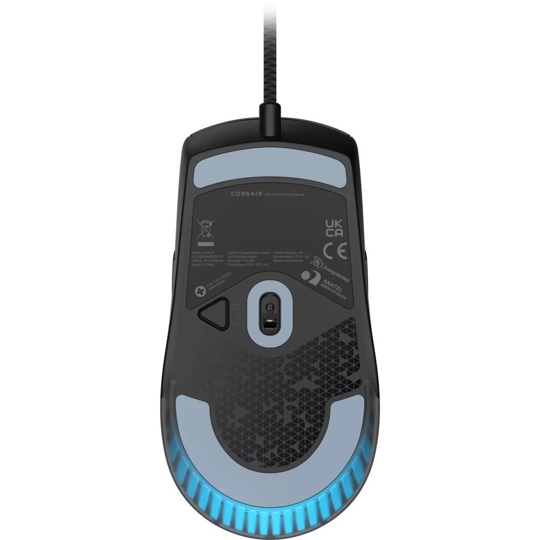 Corsair M75 lightweight RGB wired gaming mouse in black with light blue accents, featuring a honeycomb design body, central scroll wheel, side buttons, and illuminated bottom ring on white background