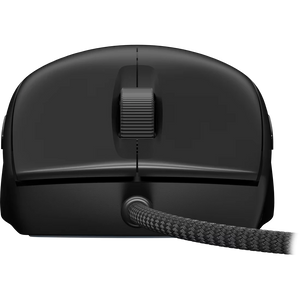 Corsair M75 lightweight RGB wired gaming mouse in black with textured side grip and braided cable viewed from above on white background