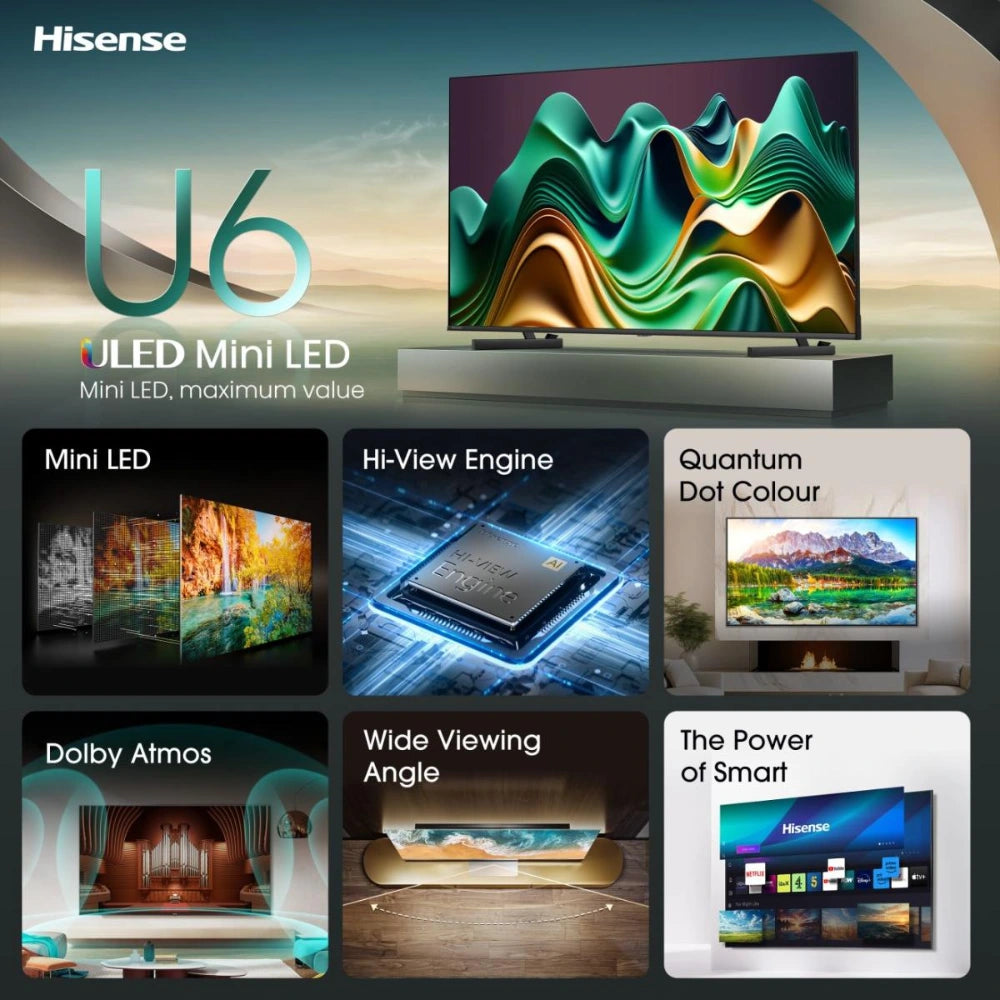 Hisense U6N 65 Inch 4K Smart TV - Black and Dark Grey | 65U61NQ