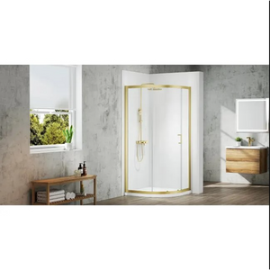 Merlyn MBox brushed brass quadrant shower enclosure with frosted glass panels in modern bathroom with concrete walls, wooden vanity and brass fixtures