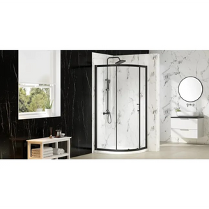 Merlyn MBox quadrant shower enclosure with black frame and clear glass panels in modern bathroom with marble tiles, white vanity unit and round mirror