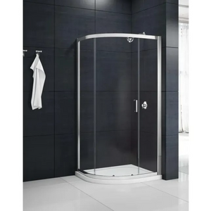 Merlyn MBox quadrant shower enclosure with chrome frame and clear glass panels in modern bathroom with black tiled walls and white floor tiles