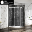 Merlyn MBox chrome quadrant shower enclosure with curved glass doors in modern bathroom with dark grey textured wall tiles and white marble effect wall panels