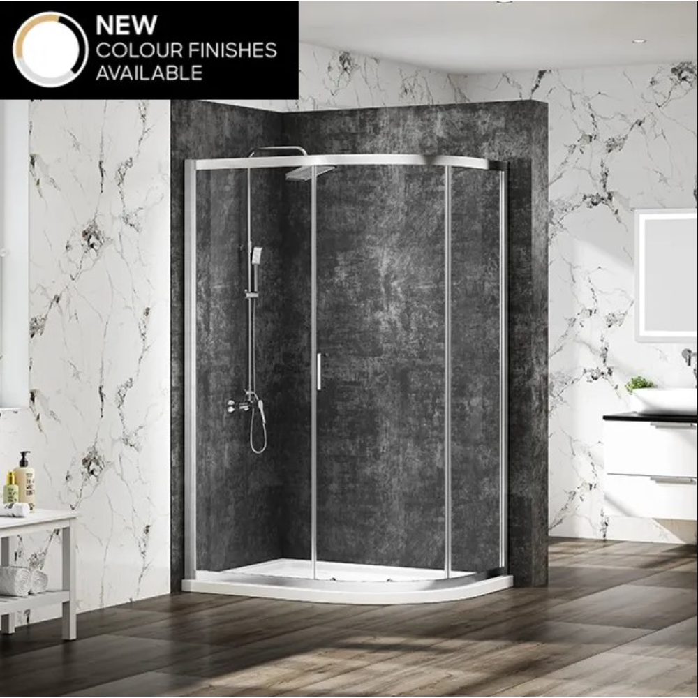 Merlyn MBox chrome quadrant shower enclosure with curved glass doors in modern bathroom with dark grey textured wall tiles and white marble effect wall panels