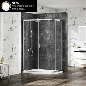 Merlyn MBox chrome quadrant shower enclosure with curved glass doors in modern bathroom with dark grey textured wall tiles and white marble effect wall panels