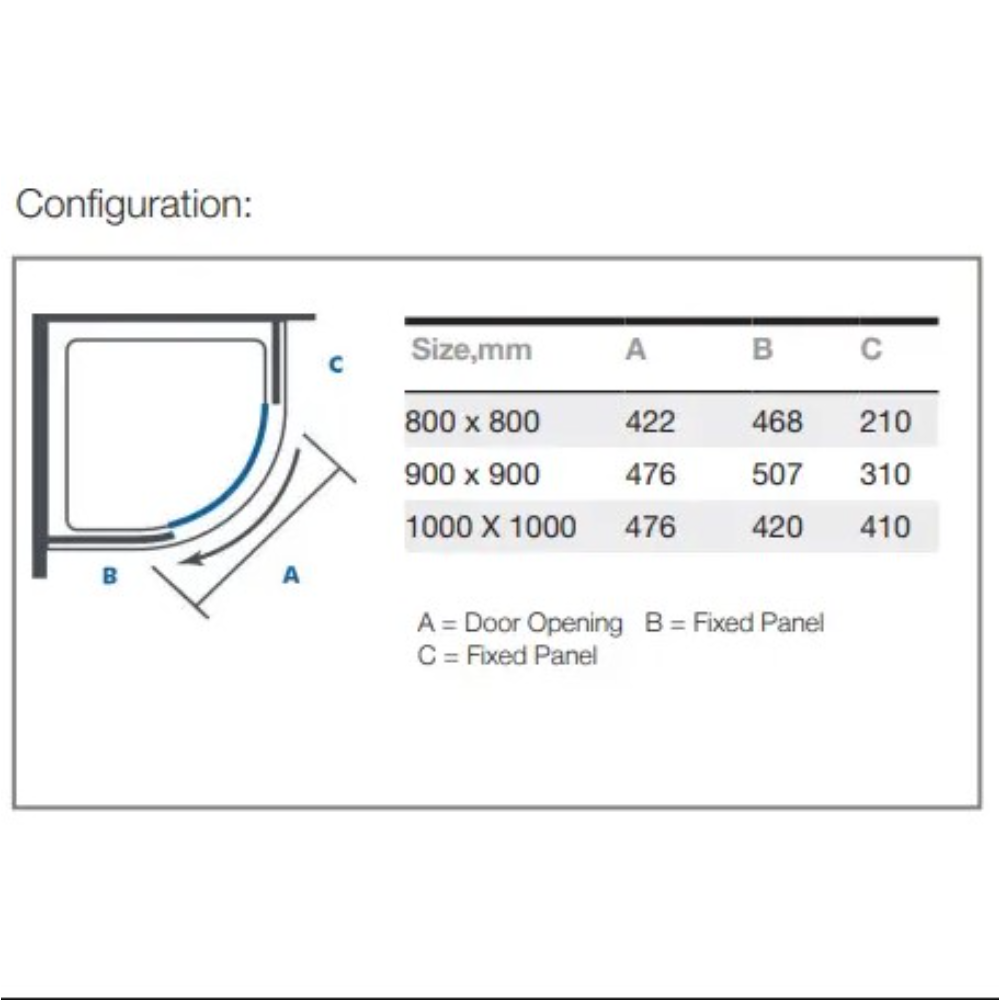 Configuration diagram for Merlyn MBox Quadrant Shower Enclosure showing dimensions and measurements in millimetres, with table displaying door opening, fixed panel and fixed panel sizes for 800x800, 900x900 and 1000x1000 models, corner installation layout with curved glass panel highlighted in blue