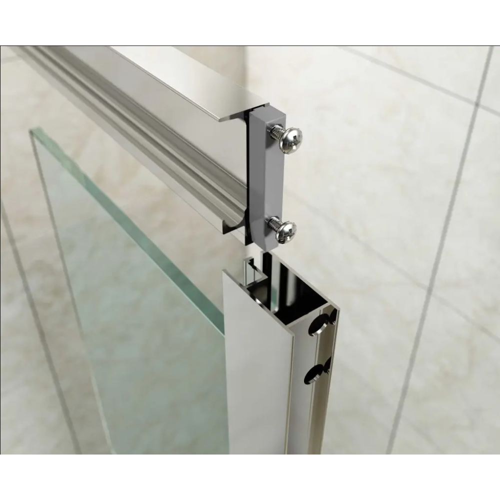 Close-up detail of Merlyn MBOX bifold shower door hardware showing chrome hinges, black frame profile, frosted glass panel and mounting brackets against white tiled bathroom wall