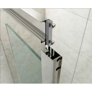 Close-up detail of Merlyn MBOX bifold shower door hardware showing chrome hinges, black frame profile, frosted glass panel and mounting brackets against white tiled bathroom wall