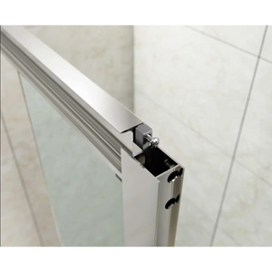 Close-up detail of Merlyn MBOX bifold shower door frame showing chrome hardware, black handle mechanism, and frosted glass panel against white tiled bathroom wall