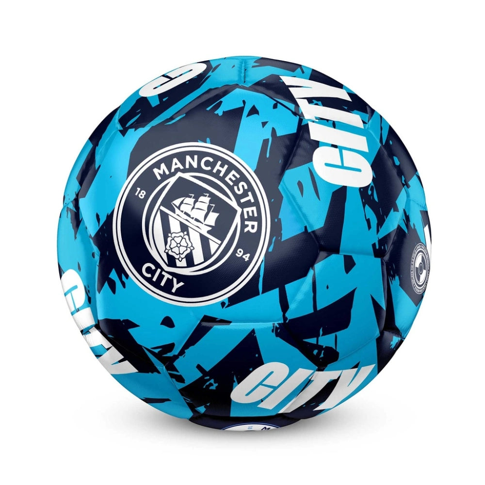 Blue and black soccer ball with Manchester City logo on a white background
