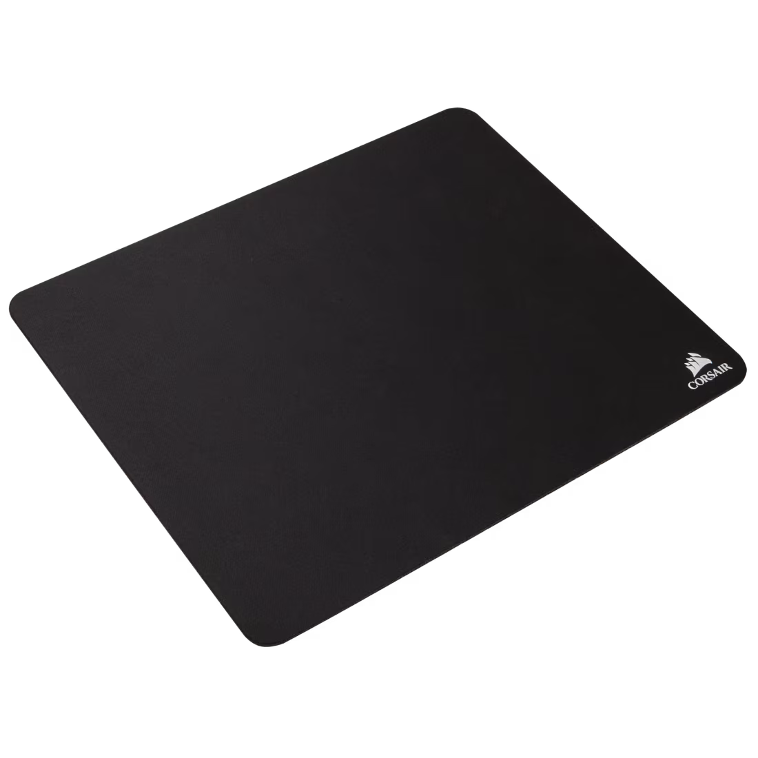 Black Corsair MM100 gaming mouse pad with rounded corners and white Corsair logo in bottom right corner on white background