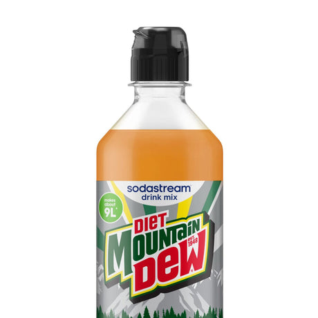 SodaStream Diet Mountain Dew drink mix bottle with orange liquid, black cap, and green mountain graphics on label, makes approximately 9 liters