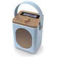 Majority Little Shelford portable DAB radio with Bluetooth in duck egg blue and tan featuring a carrying handle, digital display, control knobs, and fabric speaker grille