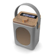 Majority Little Shelford portable DAB radio with Bluetooth in grey and rose gold featuring a large speaker grille, digital display screen, control buttons and grey carry handle