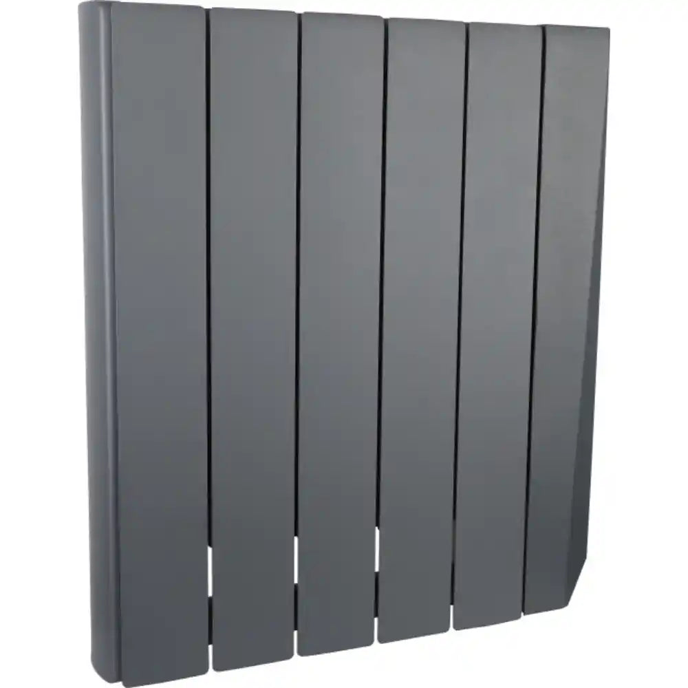 Grey wall-mounted oil filled radiator with six vertical sections and curved design, 1000w Masterplug SmartEnergy model