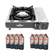 Milestone single burner portable gas camping stove in black and silver with two 4-packs of Love Mud 227g butane gas canisters, eight canisters in total, on a white background