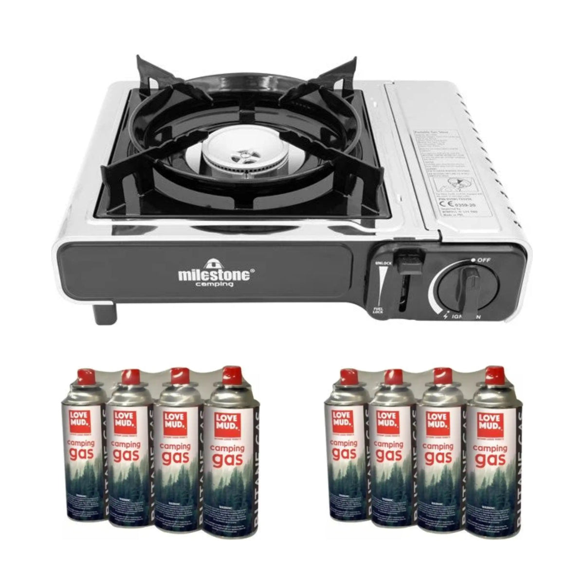 Milestone single burner portable gas camping stove in black and silver with two 4-packs of Love Mud 227g butane gas canisters, eight canisters in total, on a white background