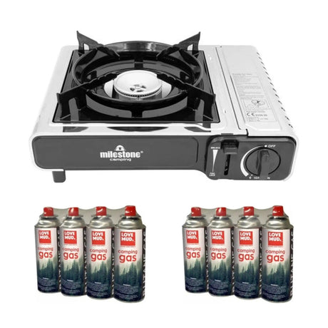 Milestone single burner portable gas camping stove in black and silver with two 4-packs of Love Mud 227g butane gas canisters, eight canisters in total, on a white background