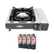 Milestone single burner portable gas camping stove in black and silver with four Love Mud 227g butane gas canisters shown below on a white background