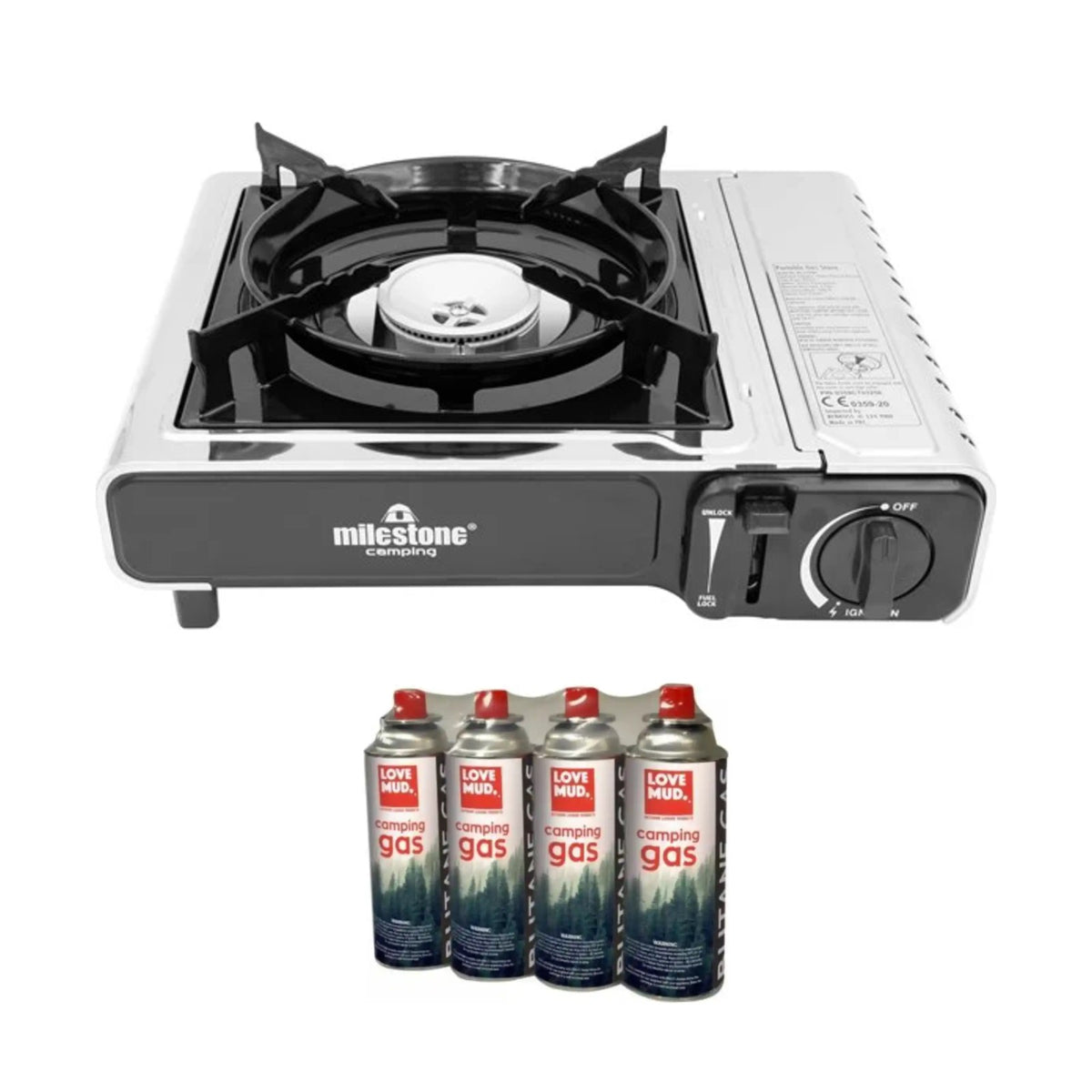 Milestone single burner portable gas camping stove in black and silver with four Love Mud 227g butane gas canisters shown below on a white background
