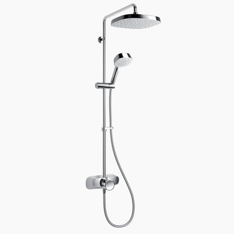 Chrome shower head and handheld shower on a white background
