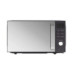 Morphy Richards Cassini digital microwave with 20 litre capacity, featuring a stainless steel and black exterior, digital display panel, control buttons, and rotary power dial on the right side