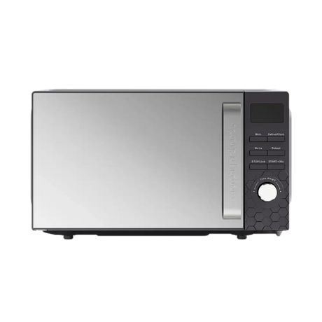 Morphy Richards Cassini digital microwave with 20 litre capacity, featuring a stainless steel and black exterior, digital display panel, control buttons, and rotary power dial on the right side