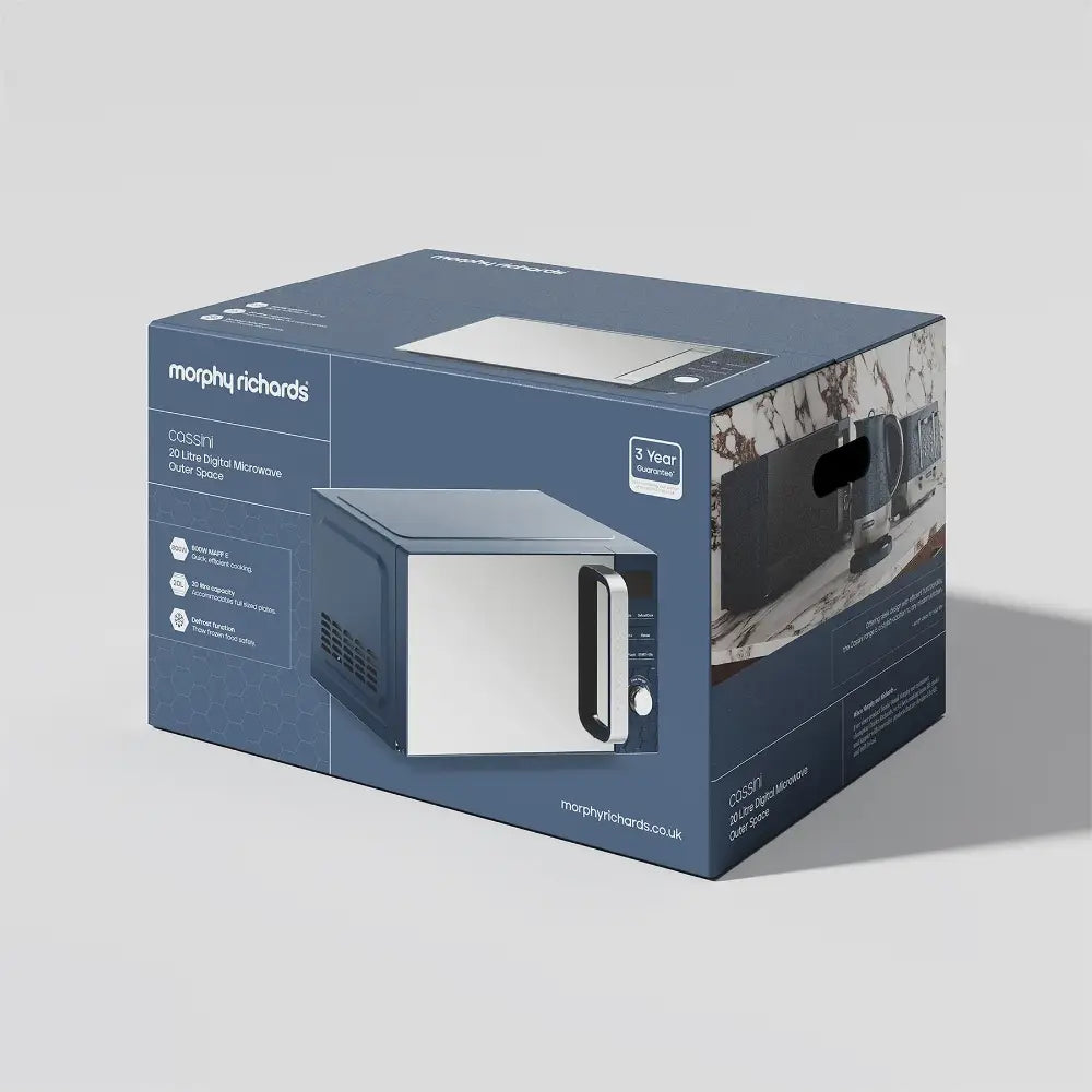 Morphy Richards Cassini 20 Litre Digital Microwave in Outer Space grey with black handle, displayed in product packaging showing 700W power and 5 year warranty