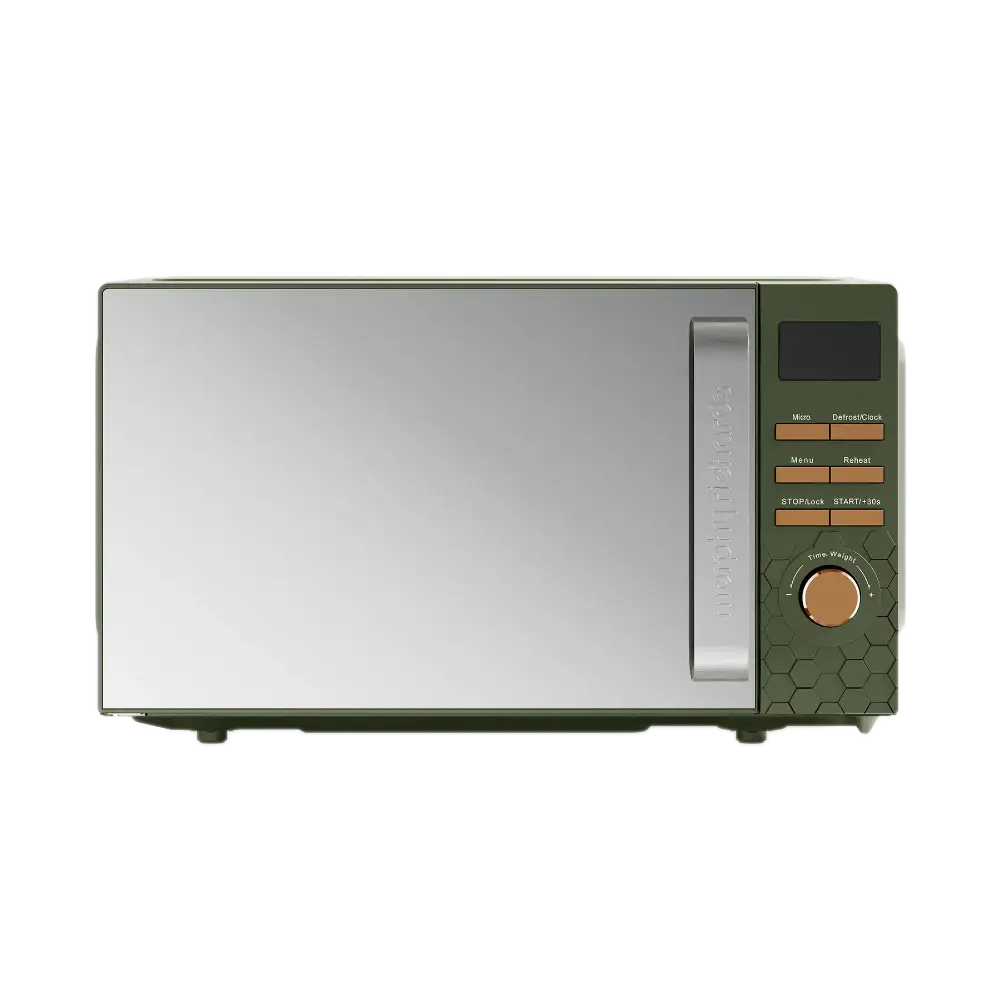 Morphy Richards Cassini Digital Microwave 20 litre 700w in olivine green with stainless steel door, featuring digital display, control buttons and rotary power dial, front view on white background