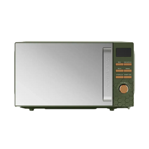 Morphy Richards Cassini Digital Microwave 20 litre 700w in olivine green with stainless steel door, featuring digital display, control buttons and rotary power dial, front view on white background