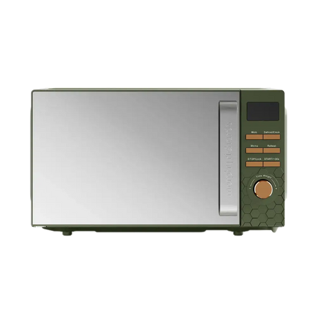 Morphy Richards Cassini Digital Microwave 20 litre 700w in olivine green with stainless steel door, featuring digital display, control buttons and rotary power dial, front view on white background