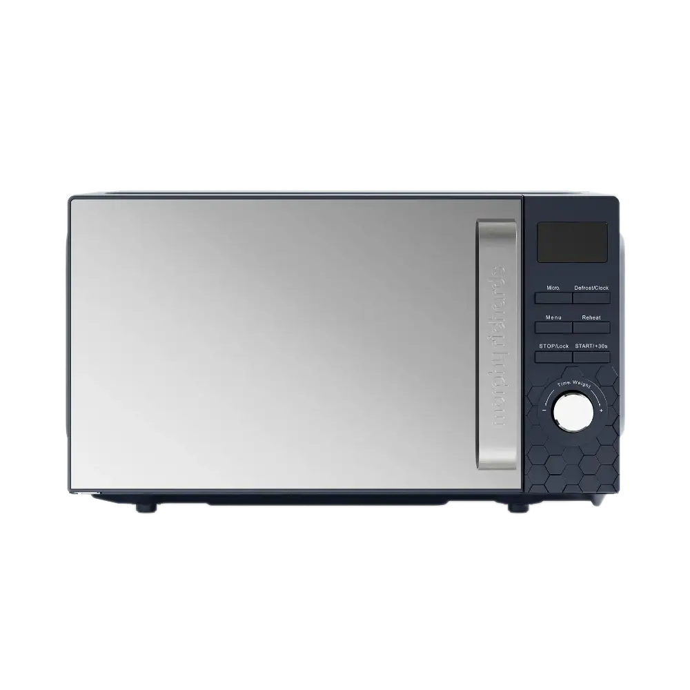 Morphy Richards Cassini Digital Microwave 20 litre 700W in black and stainless steel with control panel featuring digital display, buttons and rotary dial on right side, viewed from front against white background