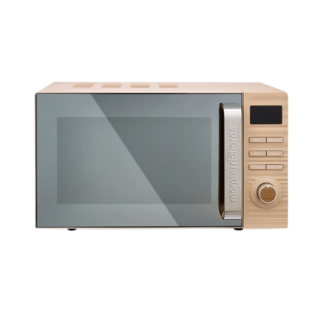 Morphy Richards Clay 20 litre 800w microwave with beige wooden-effect exterior, grey interior cavity, digital display panel and control buttons on the right side