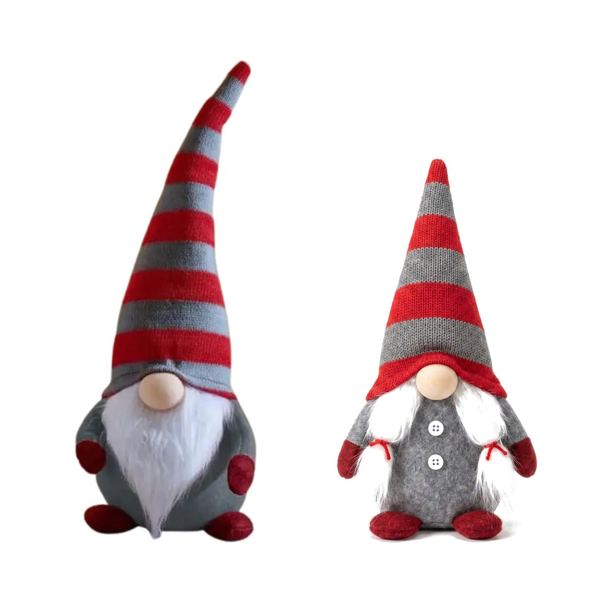 Three Kings Mr Yule and Mrs Yule plush gonks side by side, both with red and grey striped hats, white beards and grey bodies, on a white background
