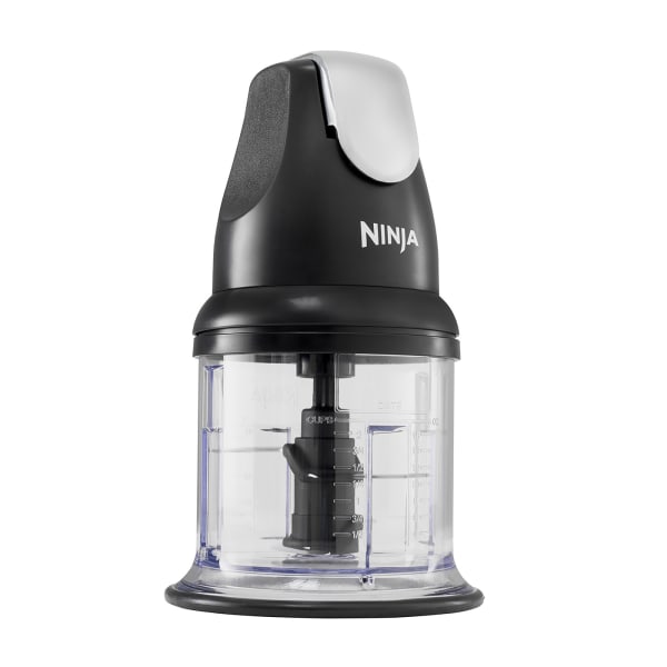 Ninja Professional Stackable Chopper 200W NJ1002UKBK with black and white motor unit, clear glass bowl, and stainless steel blade visible inside