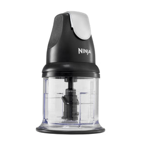 Ninja Professional Stackable Chopper 200W NJ1002UKBK with black and white motor unit, clear glass bowl, and stainless steel blade visible inside